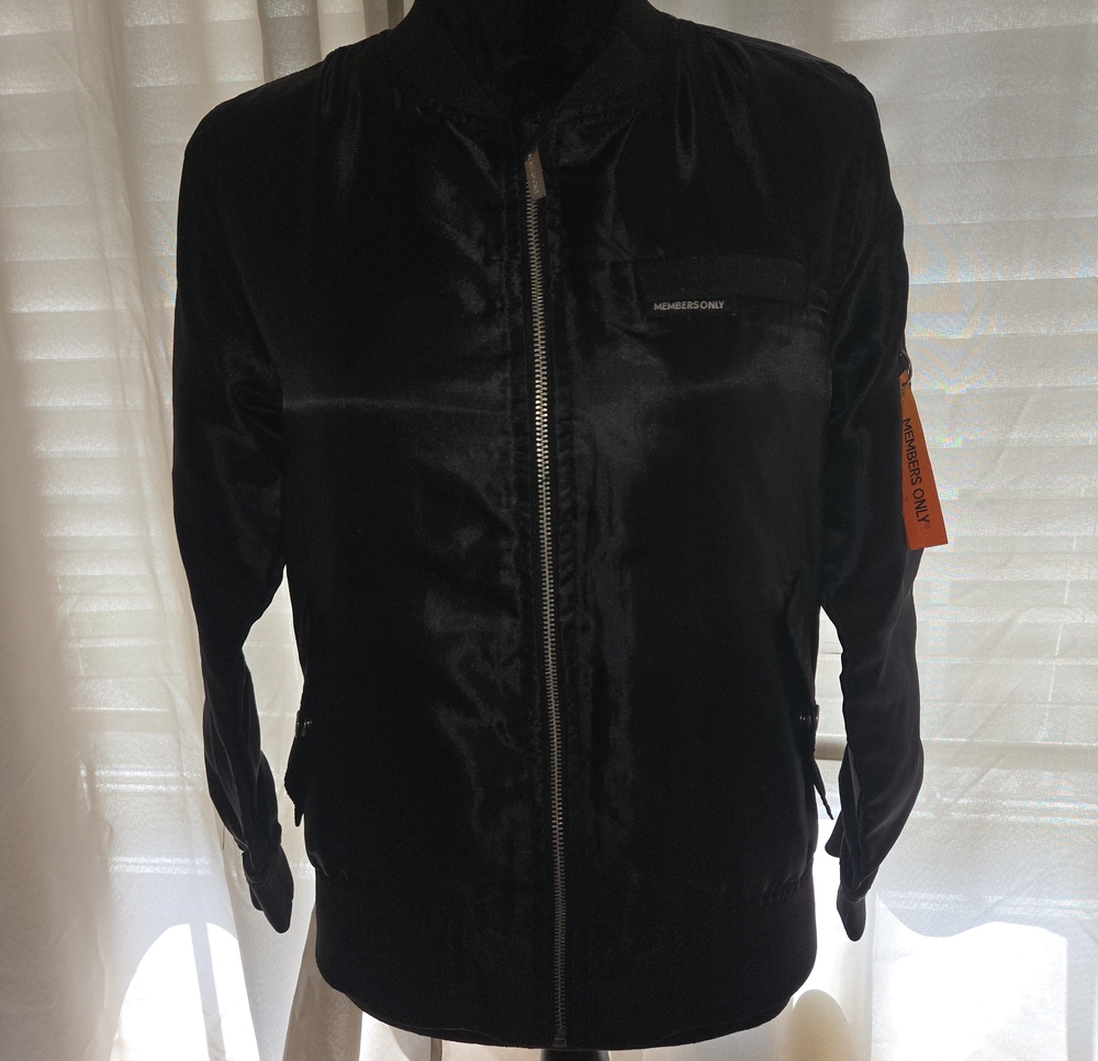 Members Only Black Satin Zip-Front Bomber Jacket with Orange Sleeve Tag